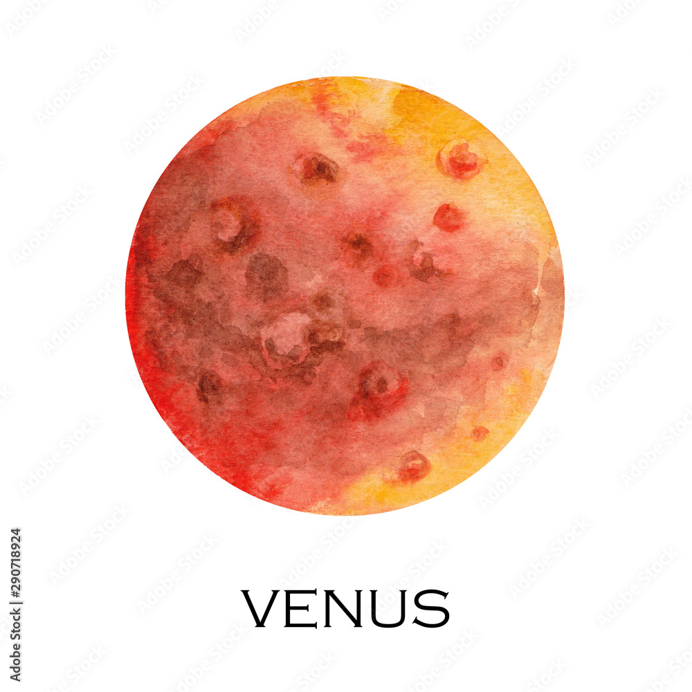 Watercolor illustration of Venus planet. Hand drawn illustration isolated on white background. Watercolor illustration of Venus planet. Hand drawn illustration isolated on white background.
