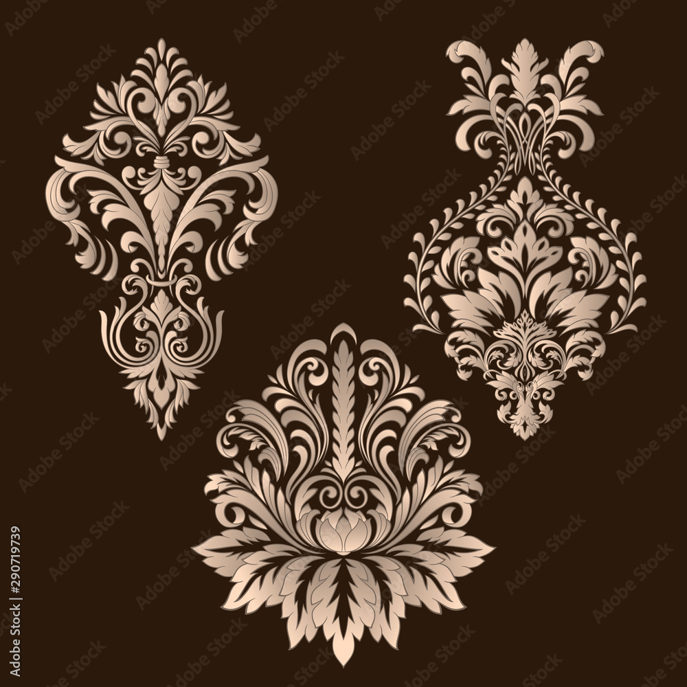 Vector set of damask ornamental elements. Elegant floral abstract elements for design. Perfect for invitations, cards etc. Vector set of damask ornamental elements. Elegant floral abstract elements for design. Perfect for invitations, cards etc.