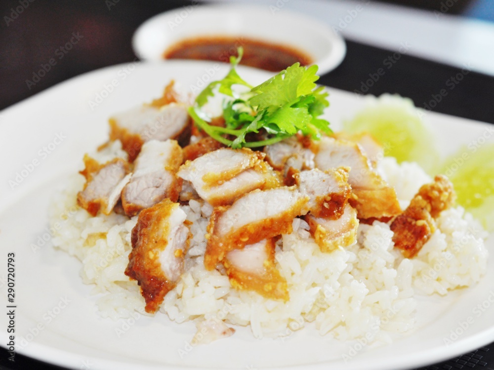 Fried pork on rice with coriander on the plate, eaten with spicy sauce, very tasty Fried pork on rice with coriander on the plate, eaten with spicy sauce, very tasty