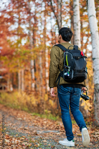 A man with camera & camera bag is walking into natural walk way surounded by autumn color quaking tree. Concept of explore the nature