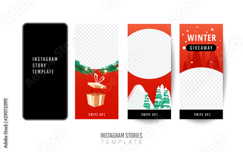 Giveaway winter banner or poster template design with gift boxes, christmas trees and heart shape 2024