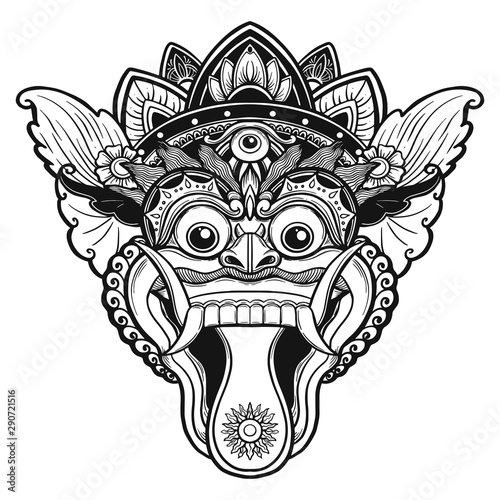 Traditional ritual Balinese mask. Vector outline illustration for coloring book isolated.