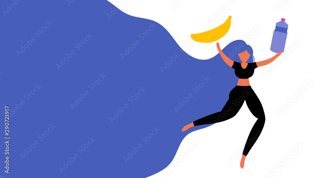 Healthy diet banner, sport girl with  bright long hair. Concept of health lifestyle, doing exercises, keeping fit..