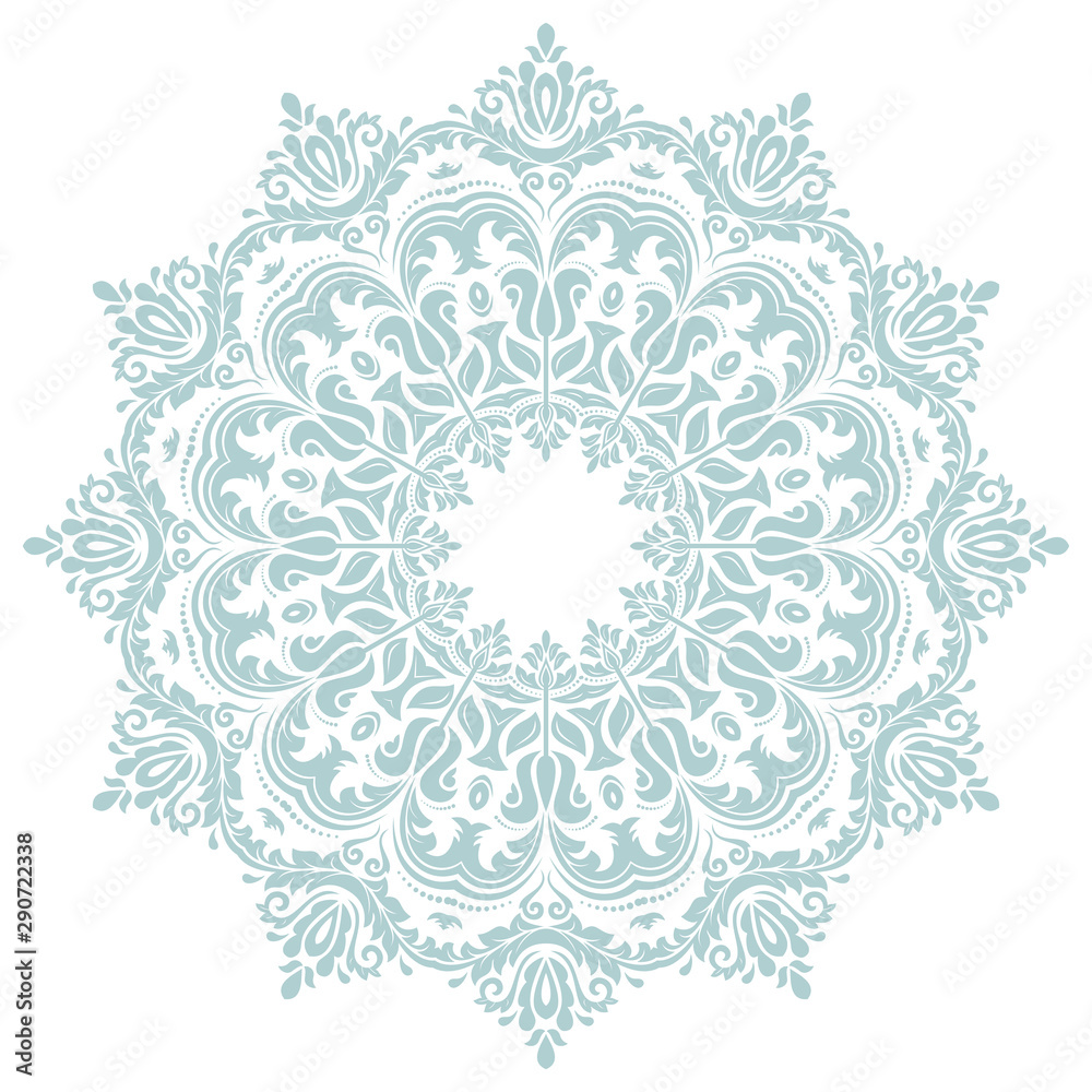 Oriental vector light blue round pattern with arabesques and floral elements. Traditional classic ornament. Vintage pattern with arabesques