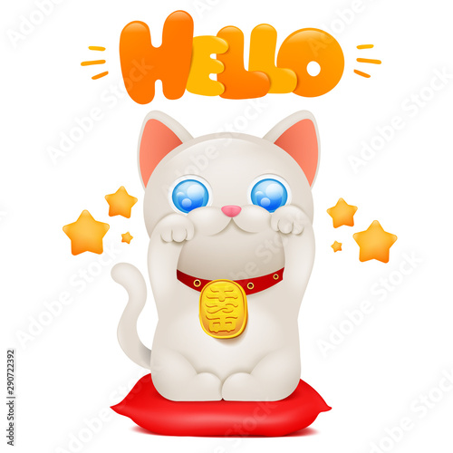 Japan cat Maneki Neko cartoon kawaii character with hello title