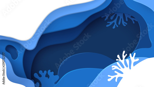 Underwater ocean abstract paper art background. Paper cut underwater background with wave and coral reefs. Save the ocean concept. Craft vector illustration