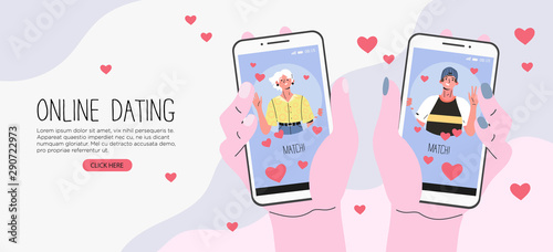 Vector cartoon illustration of male and female hands holding mobile phones with man and woman photos on screens. Social mobile application for dating, romantic partner, girlfriend or boyfriend search.