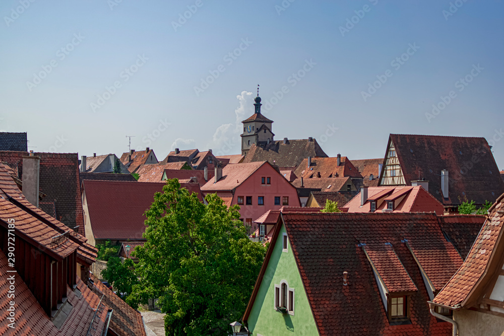 Views of a lot of typical German houses in a beautiful skyline. Photograph taken in Rothenburg ob der Tauber, Bavaria, Germany.
