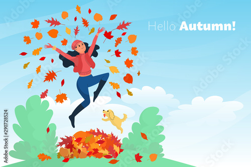 Beautiful girl with a dog is jumping in a pile of autumn leaves and throwing them, web banner, hello autumn text, stock vector illustration