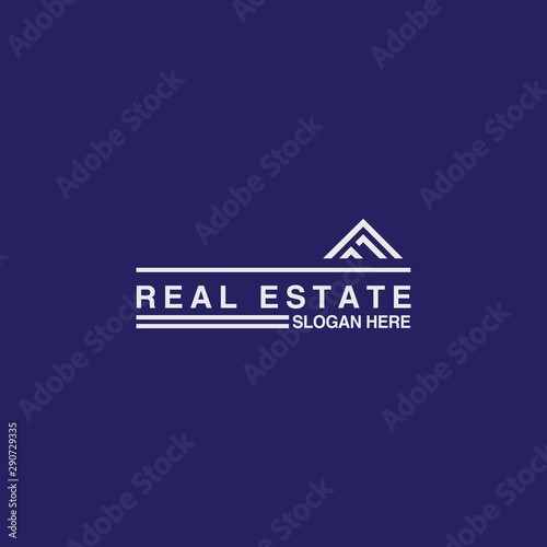 Real estate logo on blue background with white letters
