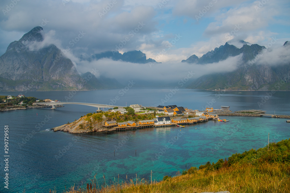 View of Sakrisøy, a small fishing village in Moskenes Municipality on Lofoten islands in Nordland county, Norway