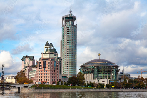 View of the building of the Moscow House of Music from the bridge over the Moscow River