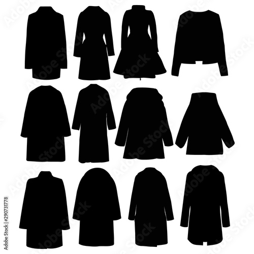 vector, on a white background. black silhouette of a female coat, set