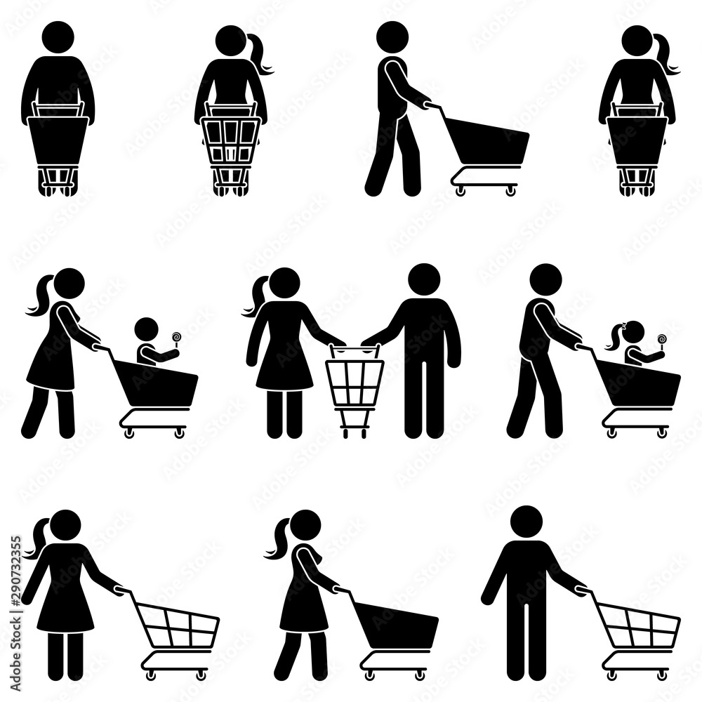 Stick figure man and woman with shopping cart vector icon people