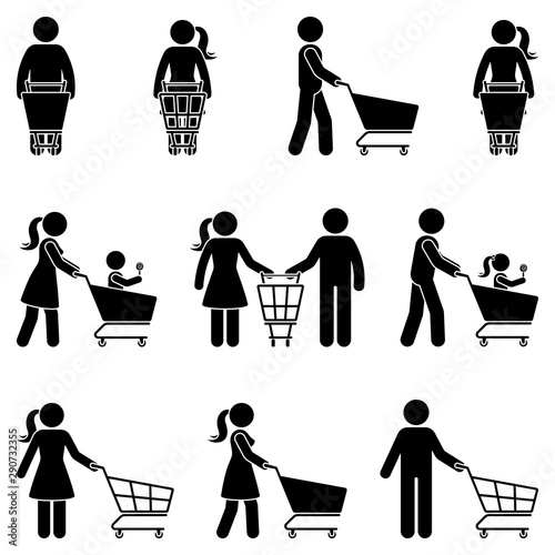Stick figure man and woman with shopping cart vector icon people pictogram. Happy family in supermarket buying food silhouette