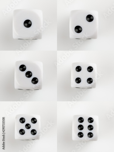 Collage of white dice set on white