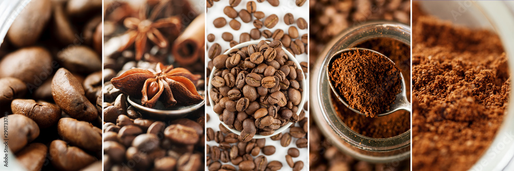 Collage made of different close-up images of coffee