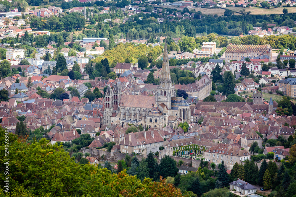 View of the Roman city of Autun and the cathedral of Saint Lazarus from the top of Saint-Sébastien mountain, Autun, Burgundy, France on 5 September 2019