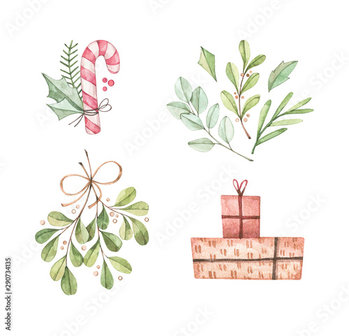 Christmas illustrations with eucalyptus, fir branch, candy, mistletoe and gift boxes - Watercolor illustration. Happy new year. Winter design elements. Perfect for cards, invitations, banners, posters