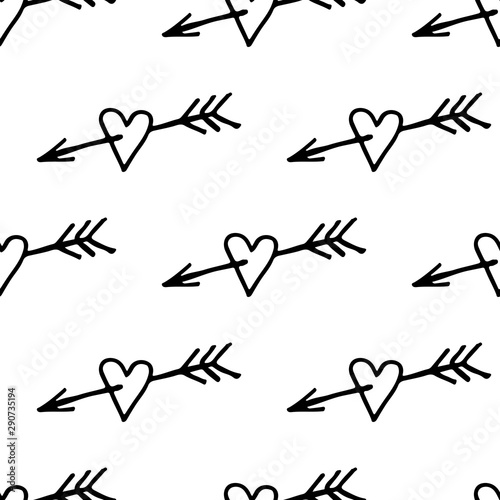 Cute cartoon heart pattern with hand drawn hearts. Sweet vector black and white heart pattern. Seamless monochrome doodle heart pattern for textile, wallpapers, wrapping paper, cards and web.