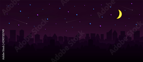 Cityscape with Group of Skyscrapers in the night. and the panorama view. and a house or village. and the skies during the night and the Starry sky. and origami style design. and an background.