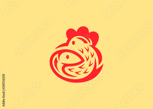 Vector of fish and chicken logo design, flat color and dynamic shape, clever shape and unique