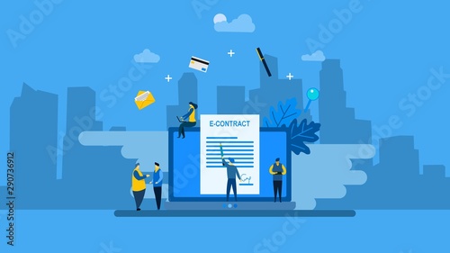 Website or landing page of smart digital contract with Tiny People Character Concept Vector Illustration, Suitable For web landing page,Wallpaper, Background, Card, banner,Book Illustration
