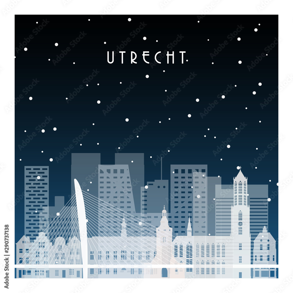 Winter night in Utrecht. Night city in flat style for banner, poster, illustration, background.