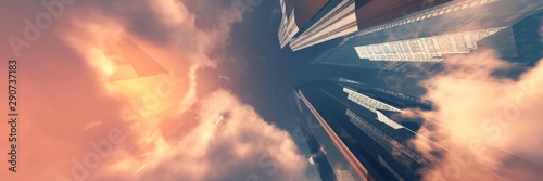 Beautiful clouds with skyscrapers. Modern buildings in the clouds. 3d rendering.