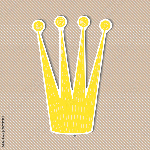  Fun cartoon crown with decoration elements on background. Yellow diadem for princess and queens on background.