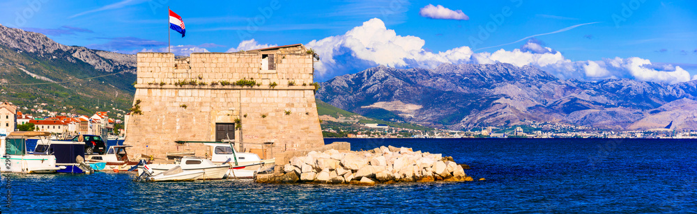Medieval castles of Croatia. Kastela, Kastel Stafilic,Nehaj Tower over sea, Central Dalmatia