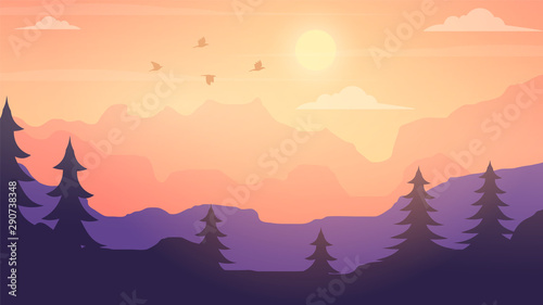 sunset view  landscape background  moutains landscape illustration   sky  birds  tree