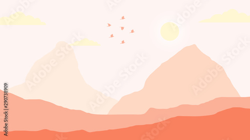 sunset view, landscape background, moutains landscape illustration,  sky, birds, tree