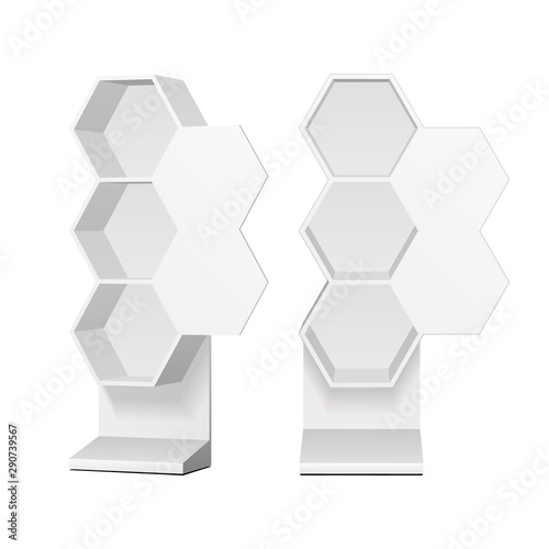 Mockup Hexagonal Retail Shelves Floor Display Rack For Supermarket Blank Empty. Cell. Cardboard . Mock Up. 3D On White Background Isolated. Ready For Your Design. Product Advertising. Vector EPS10