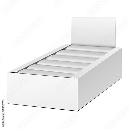 Mockup Display Holder Box Cardboard Filled Blank Empty. Chocolate, Protein Bar. Mock Up, Template. Products On White Background Isolated. Ready For Your Design. Mockup Product Packing. Vector EPS10