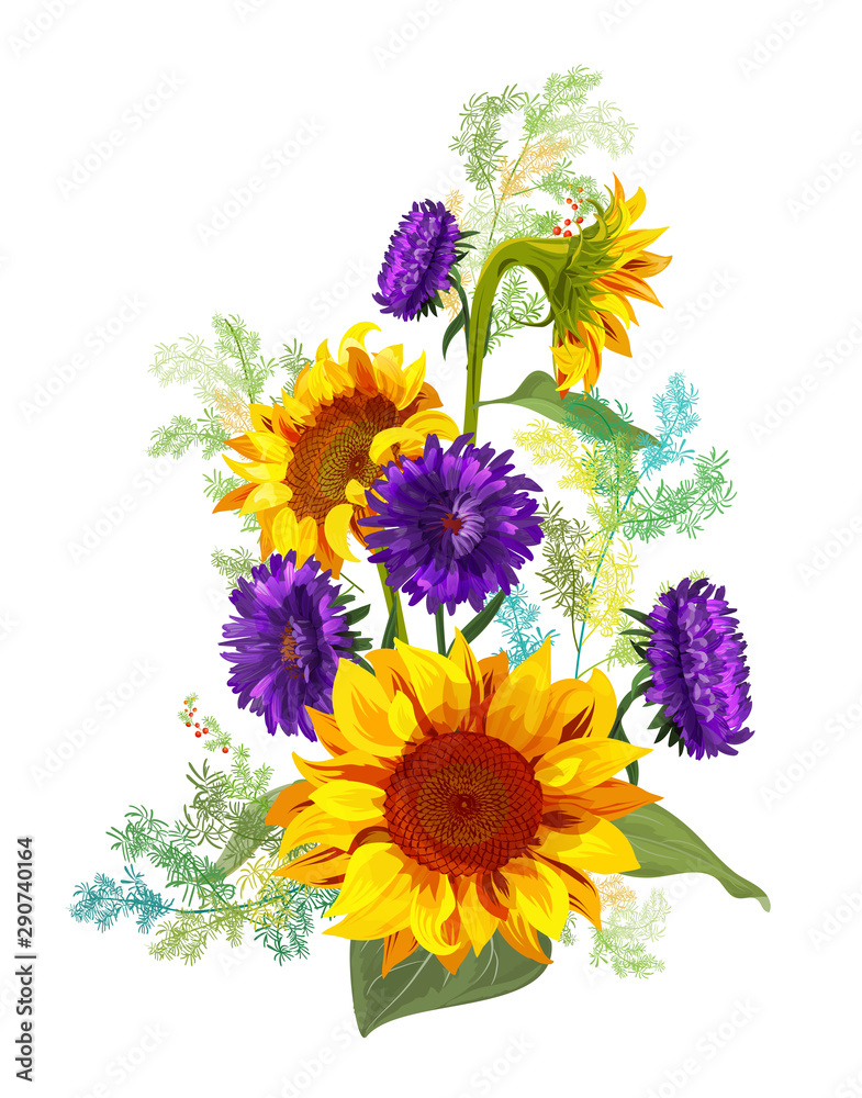 Naklejka premium Bouquet autumn flowers: yellow sunflowers, purple aster (Michaelmas daisy) flower, small green twigs of Asparagus on white background. Digital draw, illustration in watercolor style for design, vector