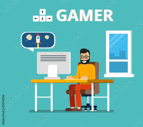 Man sitting on beanbag holds the gamepad and playing video games. Gamer concept. Flat vector illustration.