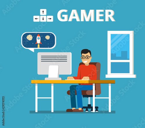 Man sitting on beanbag holds the gamepad and playing video games. Gamer concept. Flat vector illustration.
