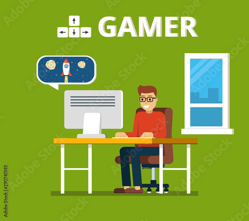 Man sitting on beanbag holds the gamepad and playing video games. Gamer concept. Flat vector illustration.