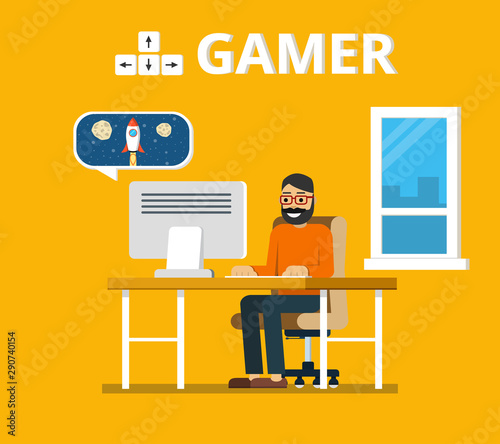 Man sitting on beanbag holds the gamepad and playing video games. Gamer concept. Flat vector illustration.