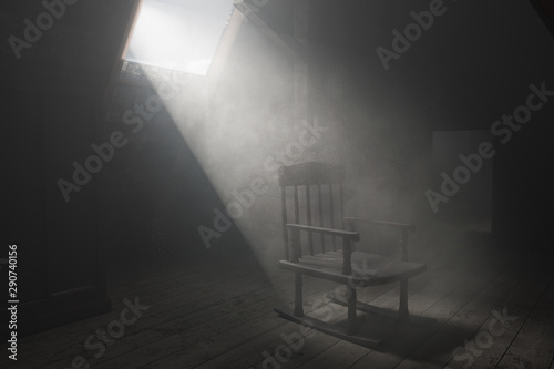 3d rendering of old rocking chair at dark attic with light ray. Concept age and past photo