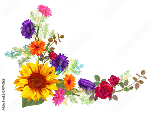 Angled autumn’s frame: orange, yellow sunflowers, red roses, purple asters (Michaelmas daisy), gerbera daisy flowers, twigs on white background. Digital draw, illustration in watercolor style, vector