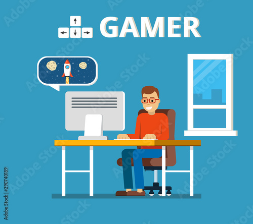 Man sitting on beanbag holds the gamepad and playing video games. Gamer concept. Flat vector illustration.