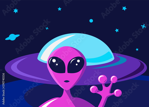 Alien and his spaceship flying saucer. A friendly humanoid extraterrestrial character greets his planet. Vector illustration of a Martian with big eyes in flat style