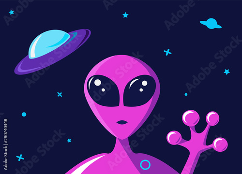 Extraterrestrial humanoid character waves his hand against the background of a flying saucer. Spaceship above the alien head. Vector illustration in flat style.