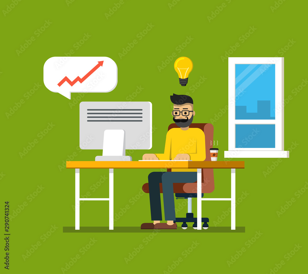 Man working in office behind his desk with desktop computer and coffee. Workspace consept. Flat vector illustration.