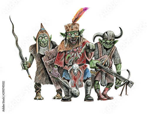 Foto Gang of goblins. Fantasy illustration. Goblin with sword drawing.