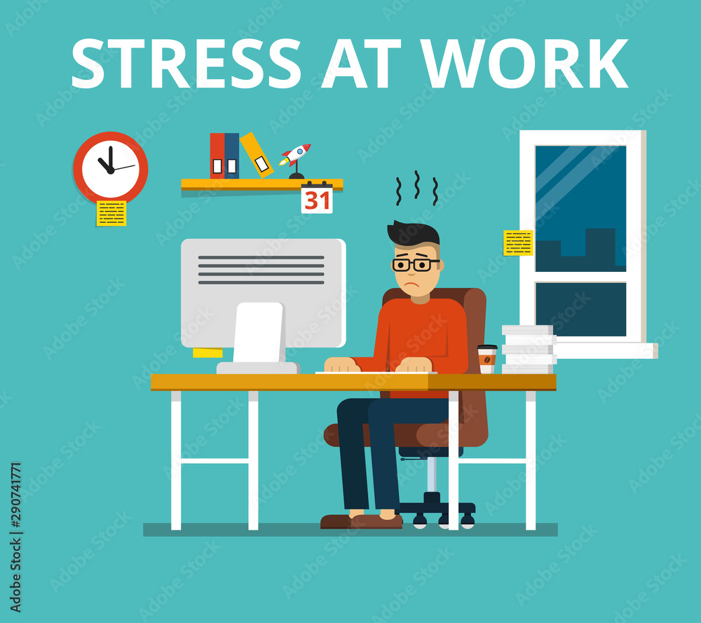 Stress at work concept. Tired and overworked businessman or office worker sitting at his desk. Flat vector illustration. Stress at work concept. Tired and overworked businessman or office worker sitting at his desk. Flat vector illustration.