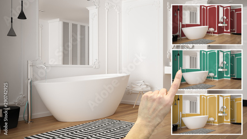 Foto Architect designer concept, hand showing modern bathroom colors in different opt