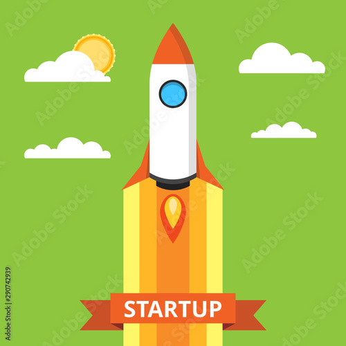 Startup concept. Rocket launch over the word. Project development. Flat vector illustration.
